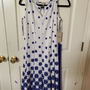 White dress with royal blue designs